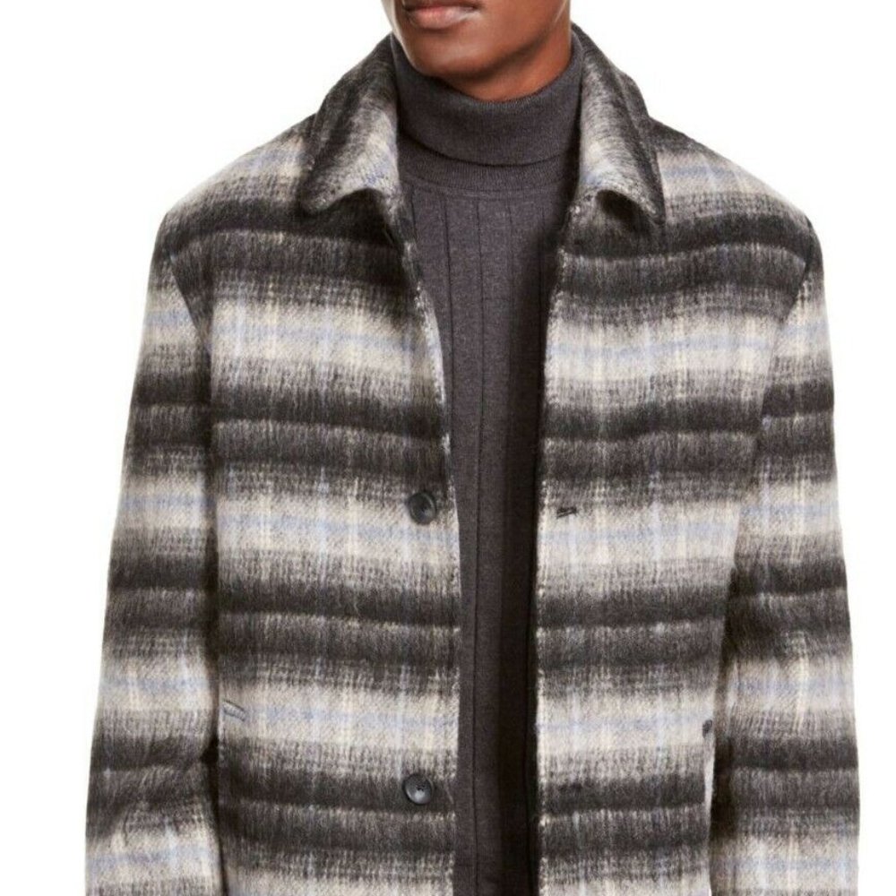 INC Men's Bradley Overcoat Black Brushed Striped